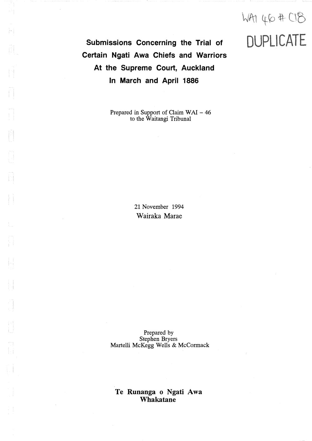 Wai 46_INQ_C018_Submissions  RE Concerning The Trial of certain Ngati Awa Chiefs - 21 November 1994