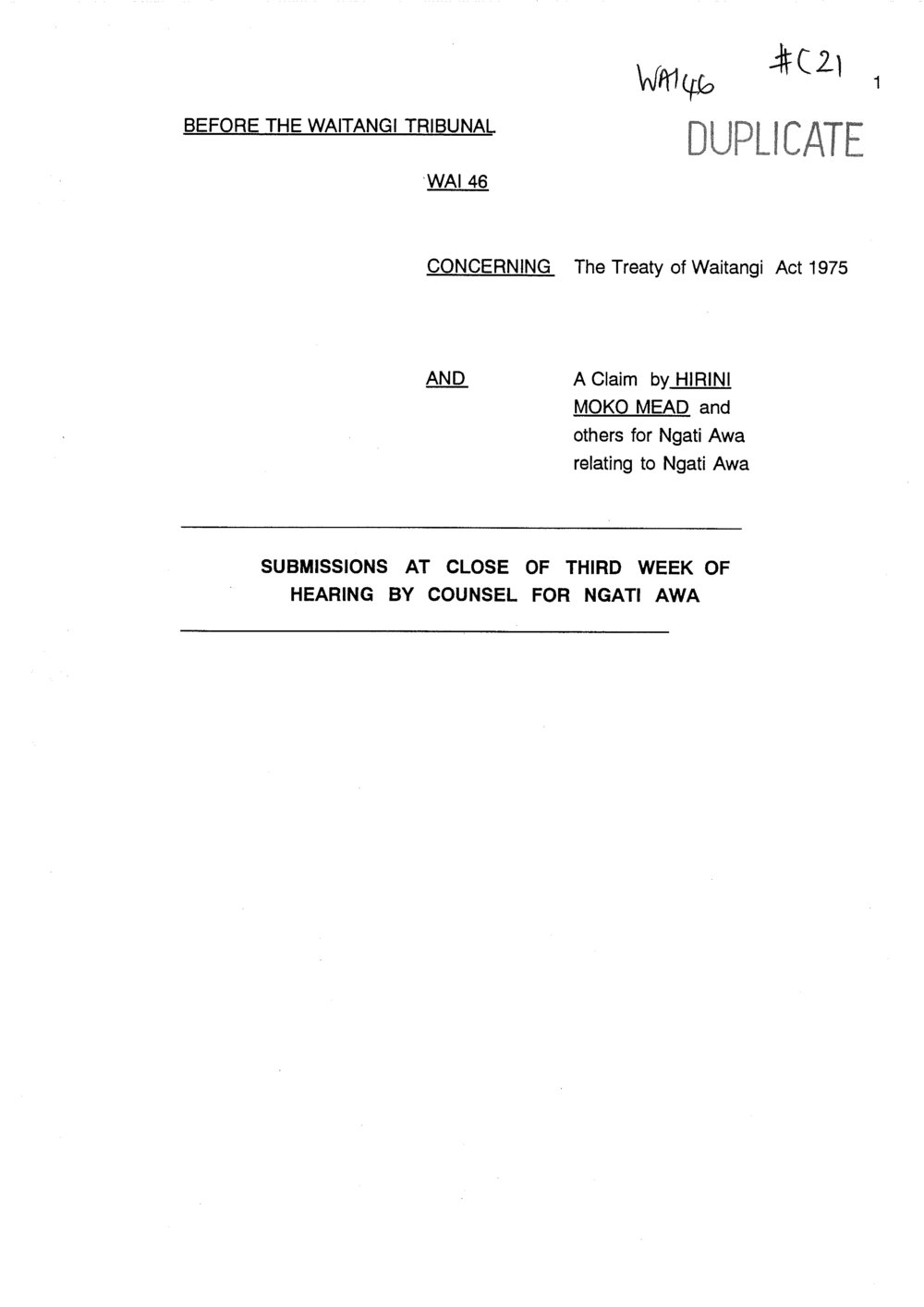 Wai 46_INQ_C021_Submissions close of third week of Hearing by Counself for Ngati Awa