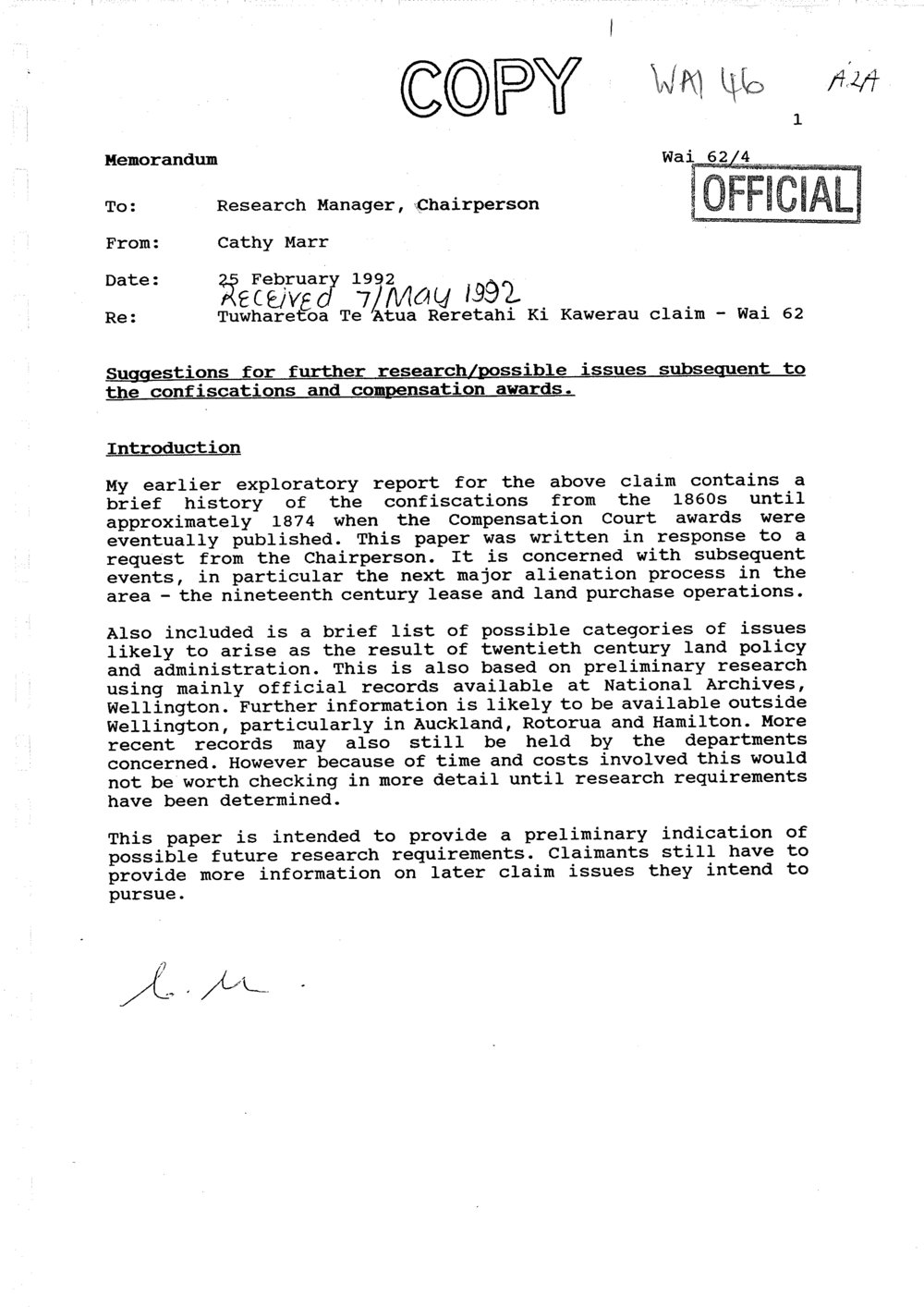 Wai 46_INQ_A002A_Memo RE Tuwharetoa Te Atua Reretahi Ki Kawerau Claim 25 February 1992
