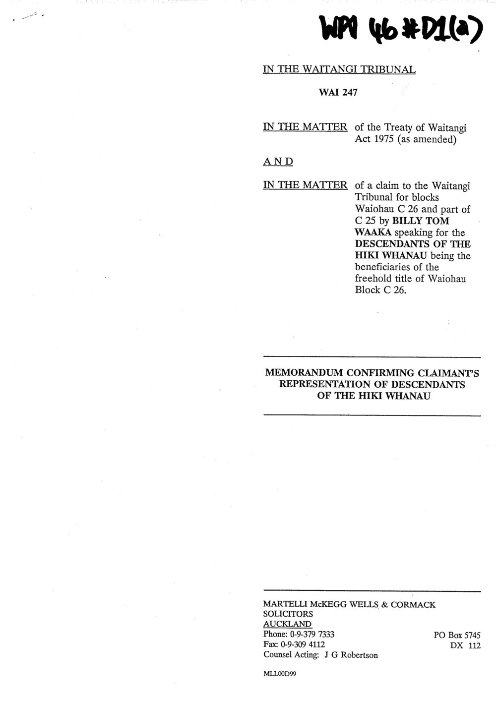 Wai 46_INQ_D001 (a)_Memo Confirming Claimants Representation of Descendants of The Hiki Whanau