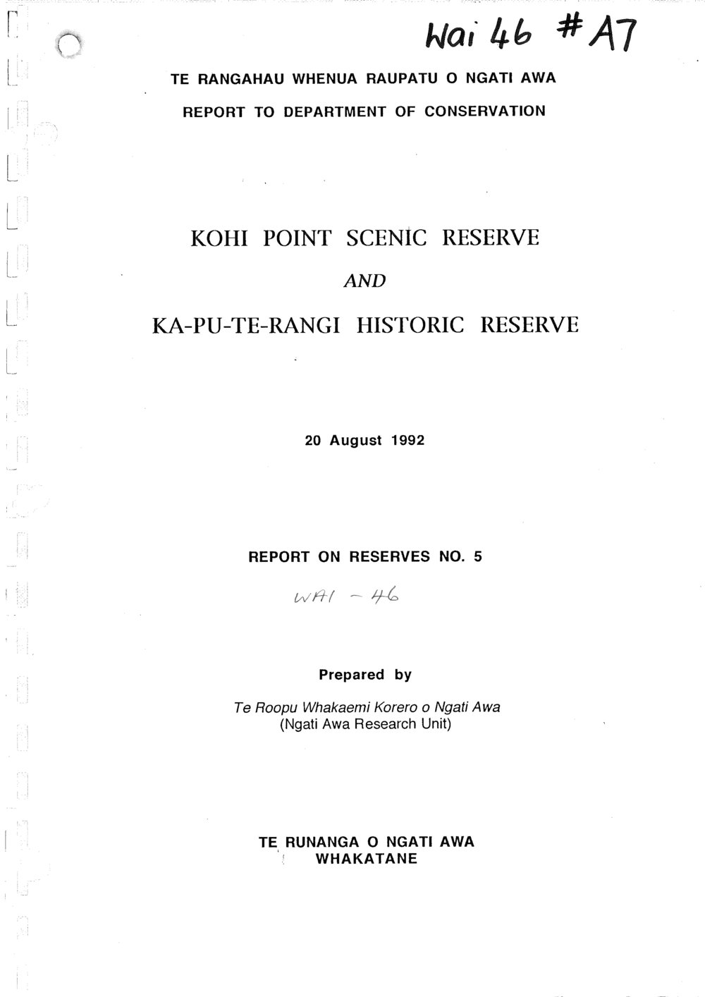 Wai 46_INQ_A007_REPORT N.5 - Kohi Point Scenic Reserve and Ka-pu-te-rangi Historic Reserve - 20 Aug 1992