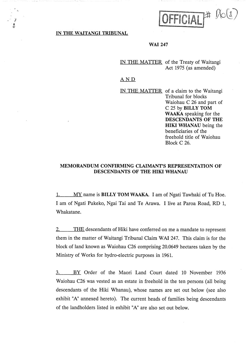 Wai 46_INQ_D006 (a)_Memo Confirming Claimants Representation of Descendants of The Hiki Whanau