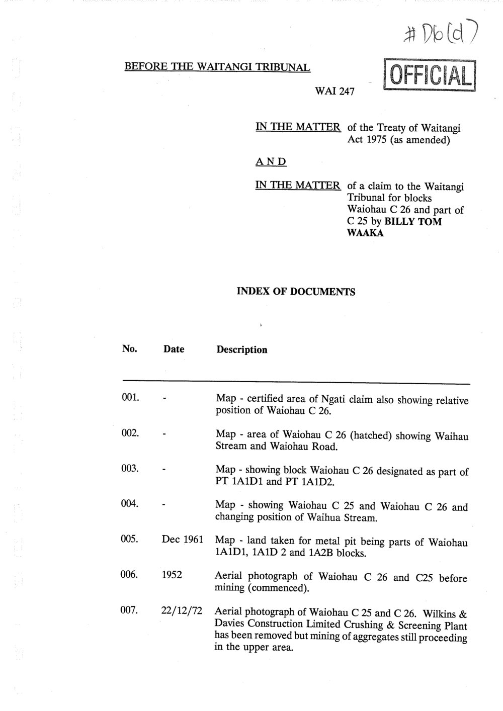 Wai 46_INQ_D006 (d)_Index of Documents of a claim to the Waitangi Tribunal for blocks Waiohau C 26 and part C 25
