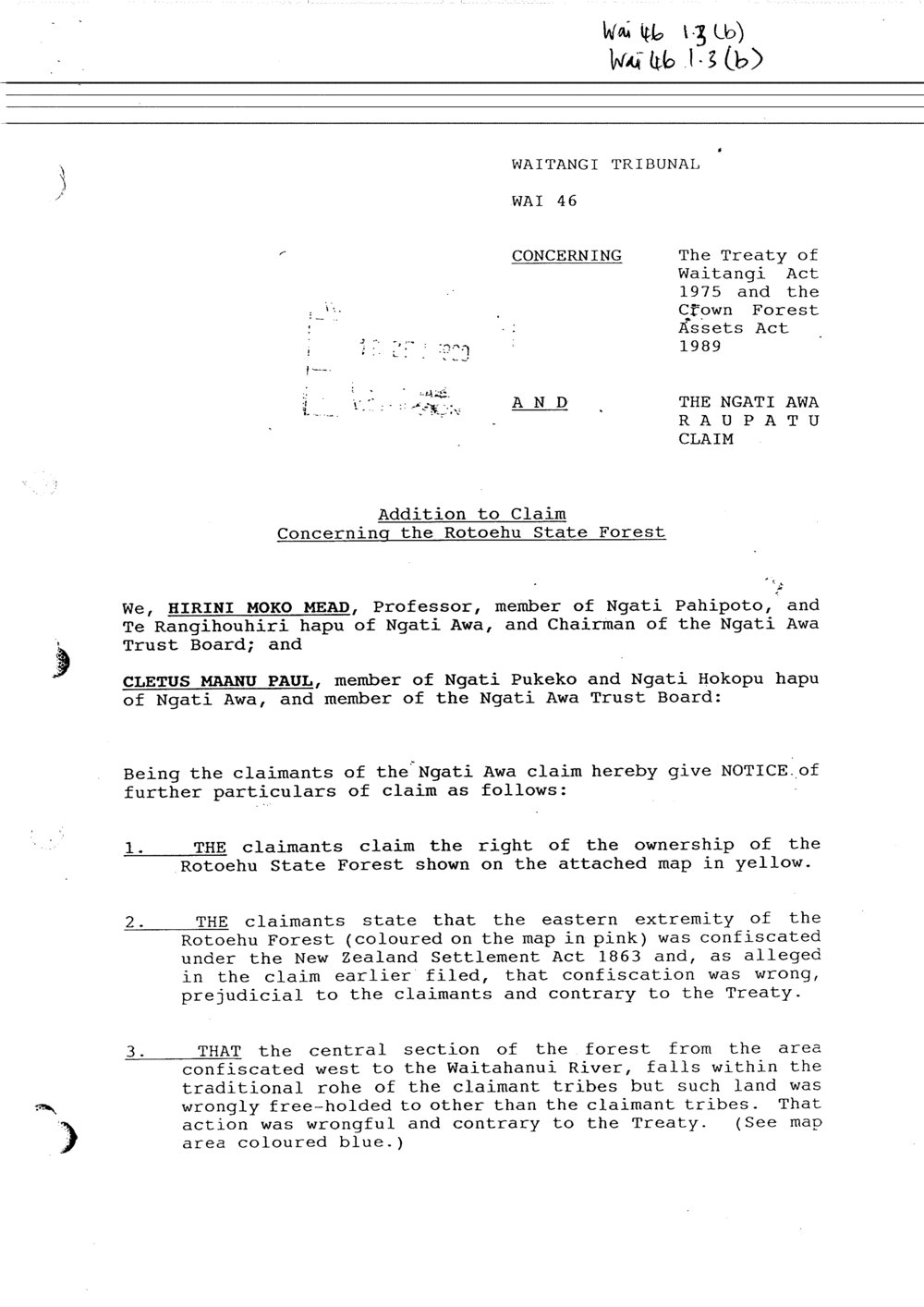 Wai 46_INQ_1.3 (b)_Addition to Claim RE Rotoehu State Forest