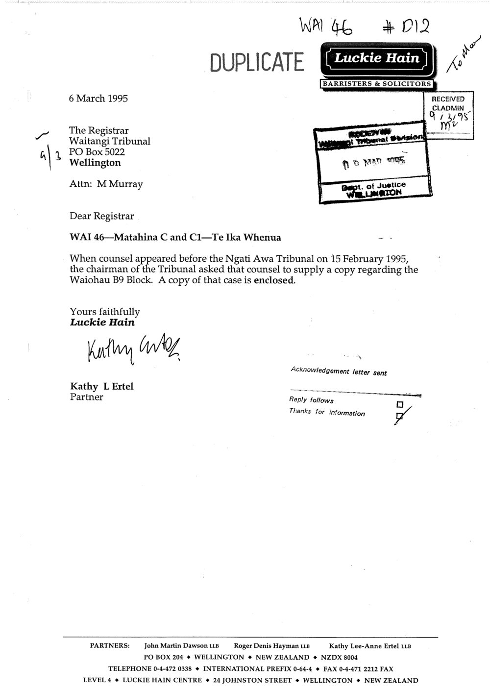 Wai 46_INQ_D012_Letter RE Wai 46. Matahina C and C1 - Te Ika Whenua - 6 March 1995