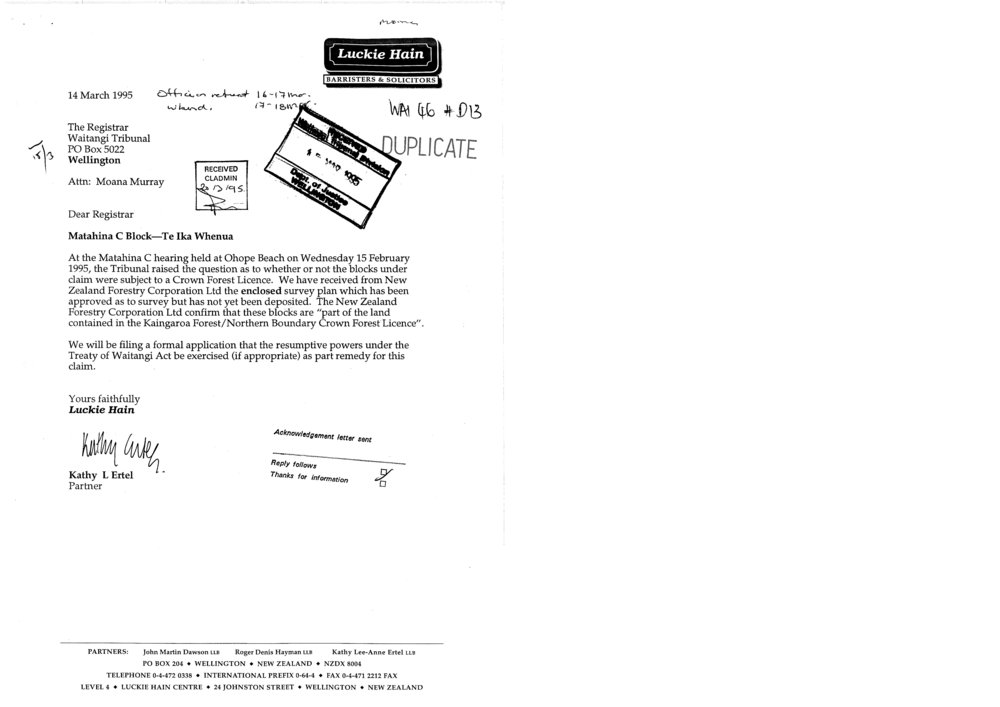 Wai 46_INQ_D013_Letter to Registrar RE Matahina C Block - 14 March 1995