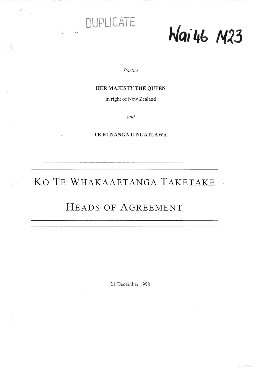 Wai 46_INQ_M023_Report - Ko Te Whakaaetanga Taketake - Heads of Agreement - 21 December 1998