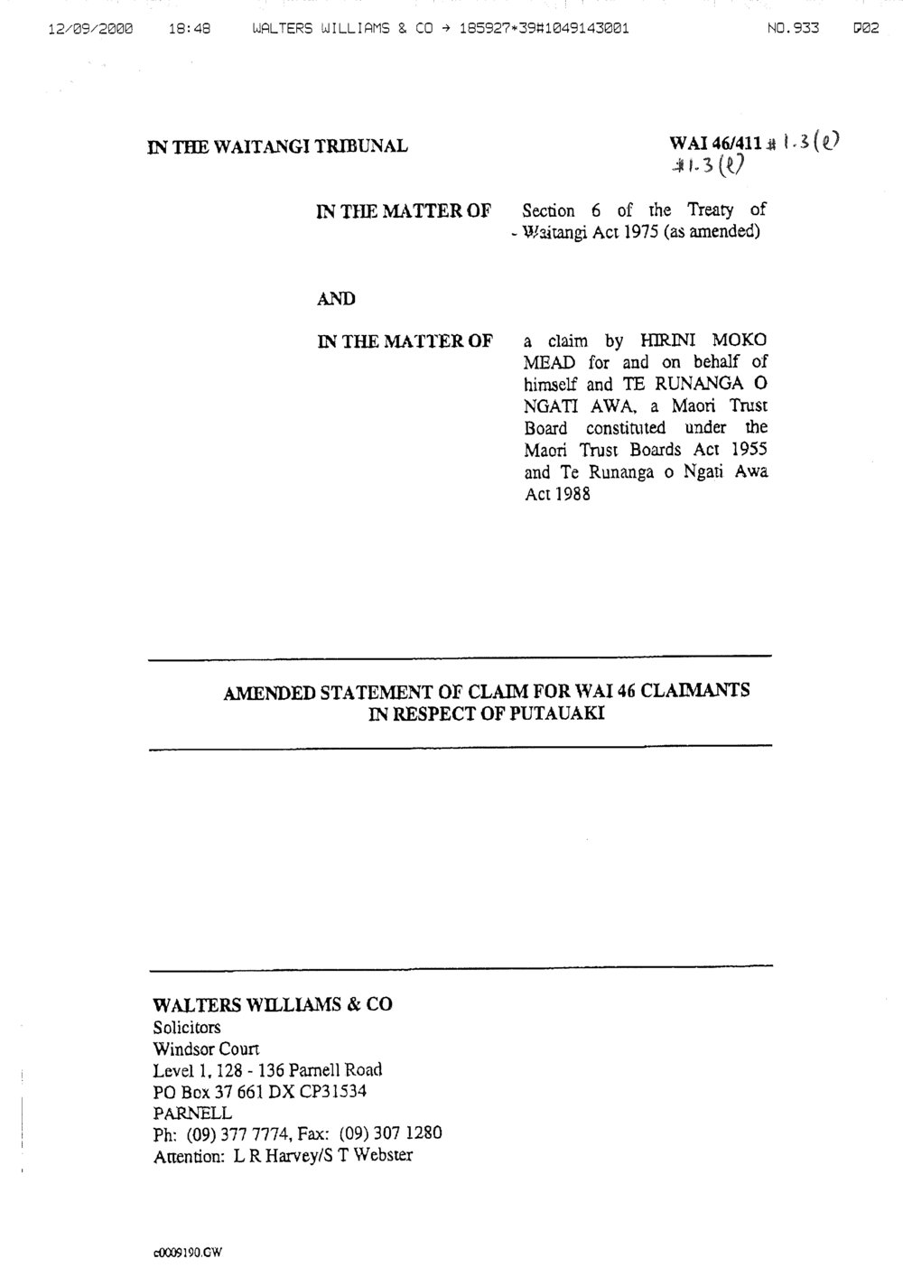 Wai 46_INQ_1.3 (e)_ Ammended Statement of Claim - Putauaki Maunga