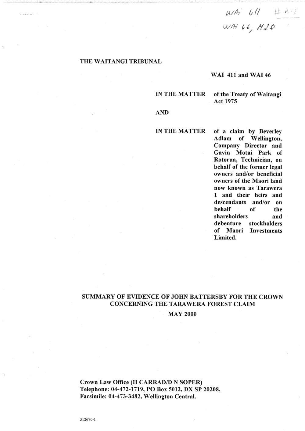 Wai 46_INQ_M028_Summary of Evidence of John Battersby for The Crown Concerning The Tarawera Forest Claim - May 2000