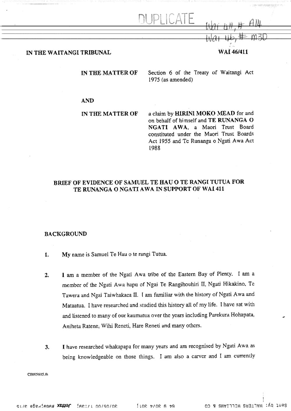 Wai 46_INQ_M030_Brief of Evidence of Samuel Te Hau o Te Rangi Tutua for TRONA in support of Wai 411