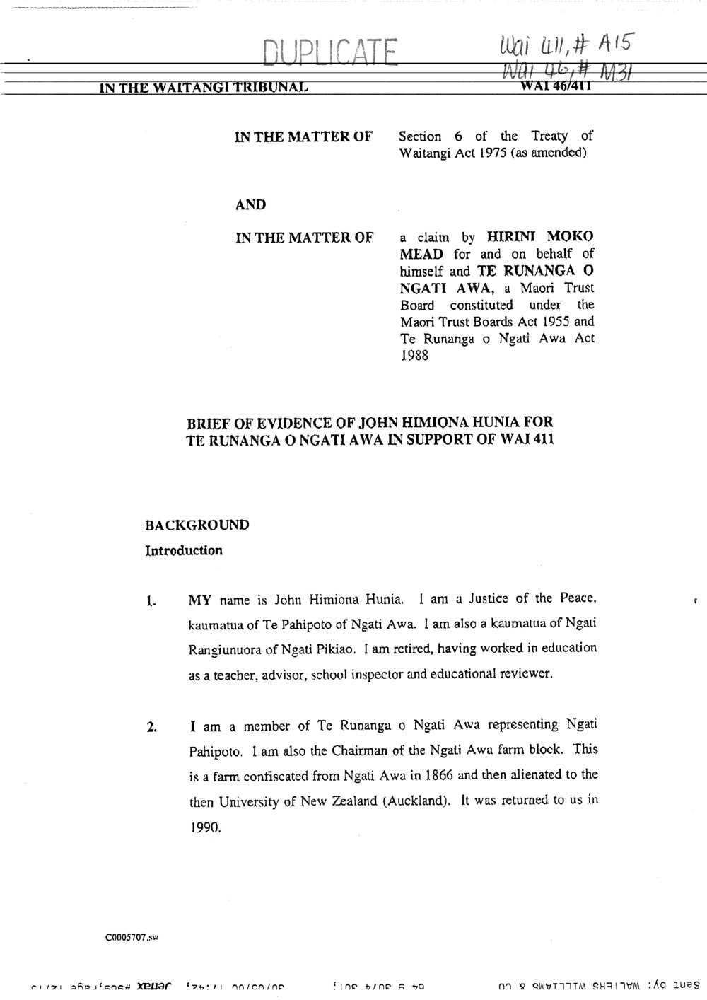 Wai 46_INQ_M031_Brief of Evidence of John Himiona Hunia for Te Runanga o Ngati Awa in support of Wai 411