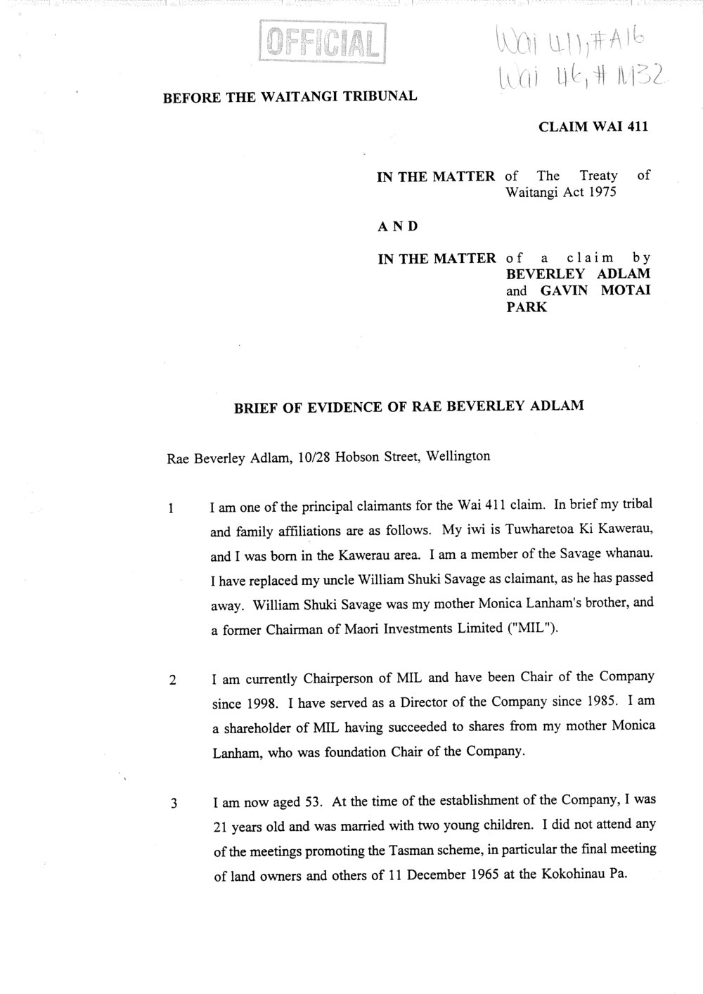 Wai 46_INQ_M032_Brief of Evidence of Rae Beverley Adlam RE Wai 411