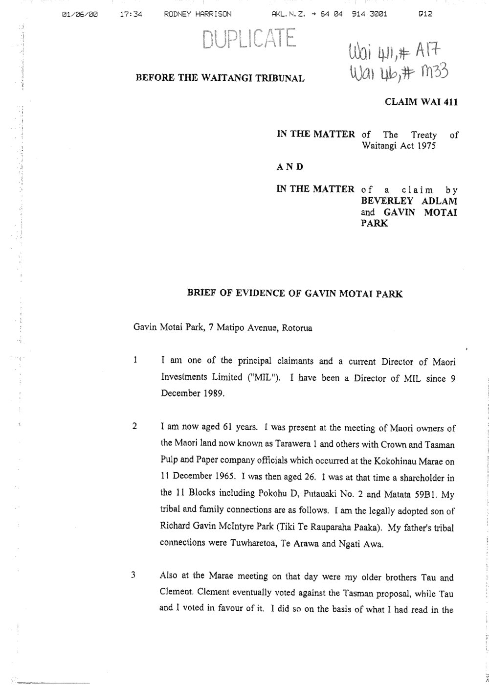 Wai 46_INQ_M033_Brief of Evidence of Gavin Motai Park RE Wai 411