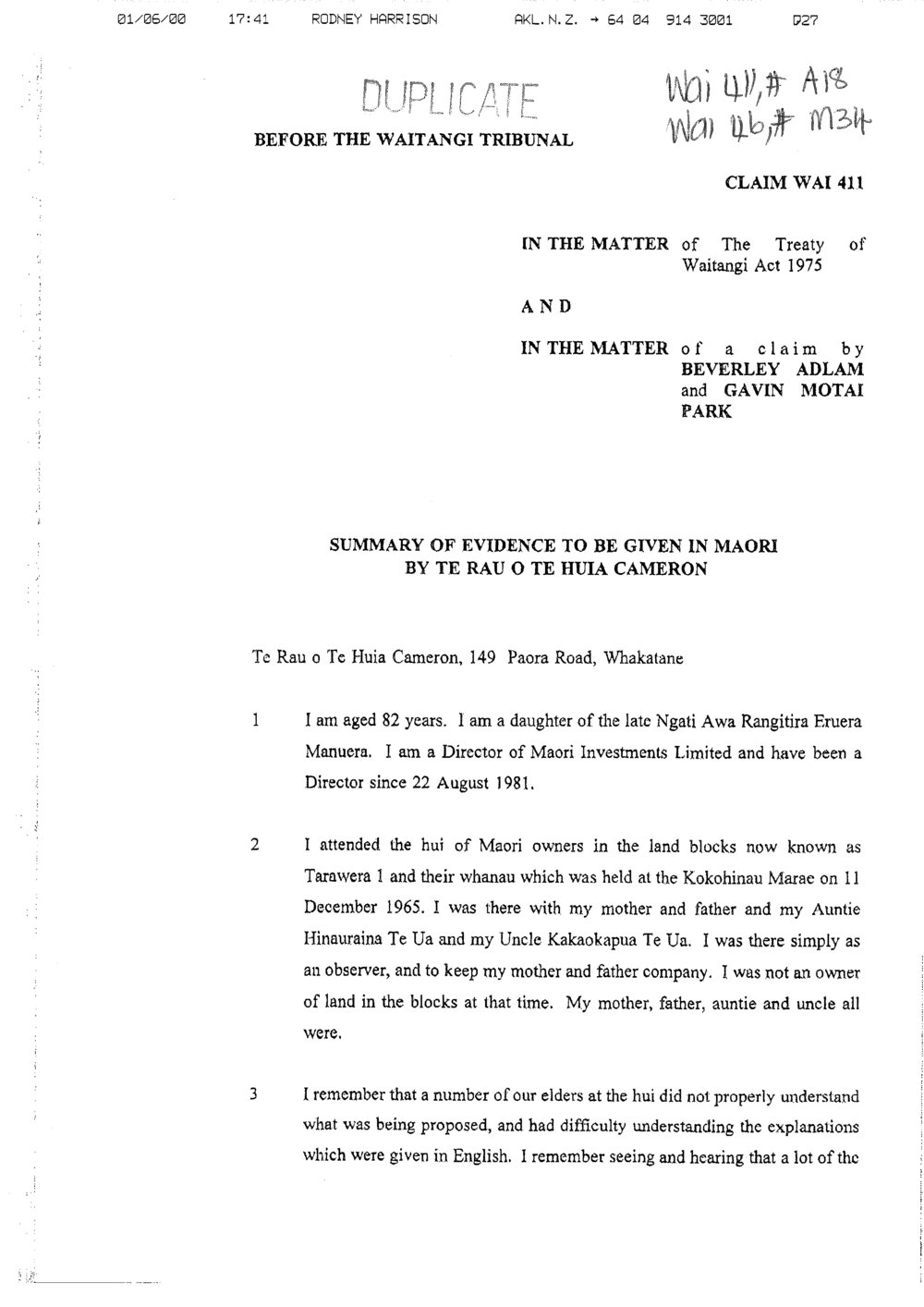 Wai 46_INQ_M034_Summary of Evidence to be Given in Maori by Te Rau o Te Huia Cameron RE Wai 411