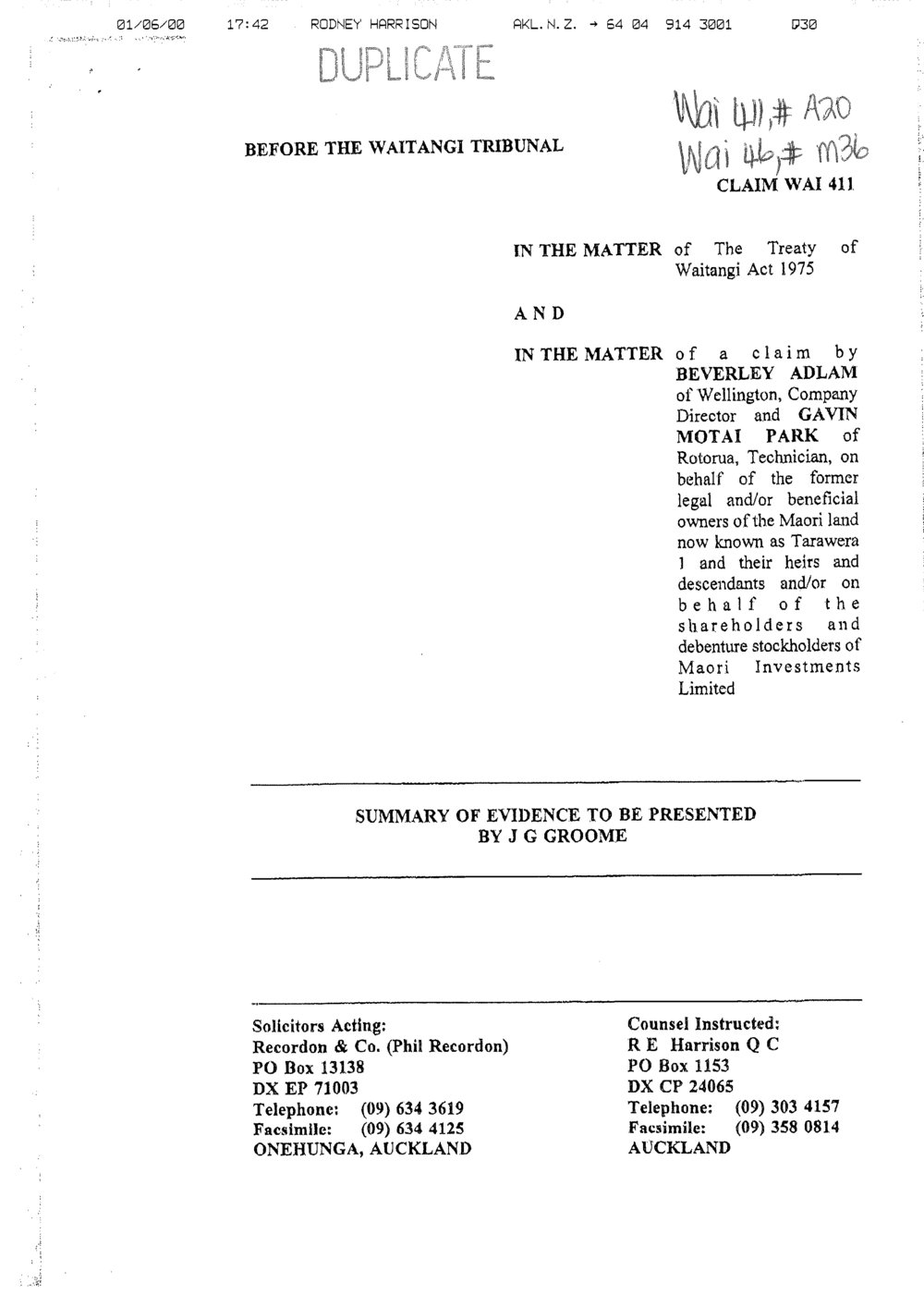 Wai 46_INQ_M036_Summary of Evidence to be presented by J G Groome RE WAI 411