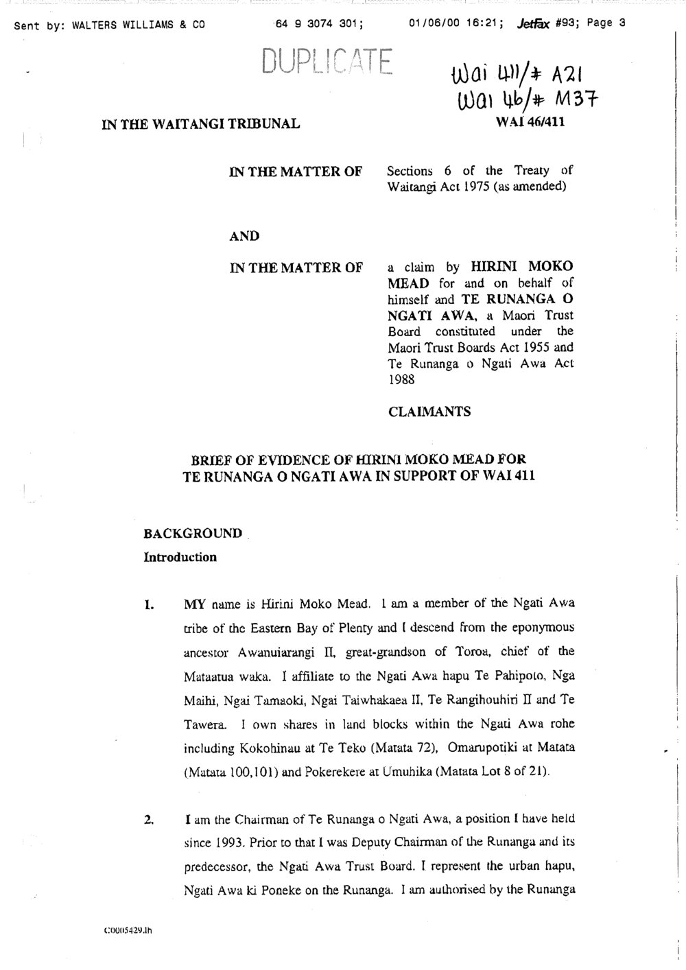 Wai 46_INQ_M037_Brief of Evidence of Hirini Moko Mead for TRONA in support of WAI 411
