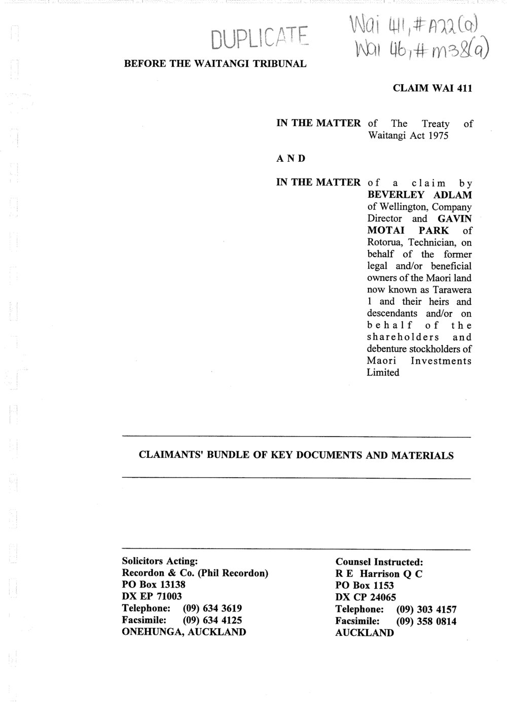 Wai 46_INQ_M038 (a)_Claimant's Bundle of Key Documents and Materials RE WAI 411