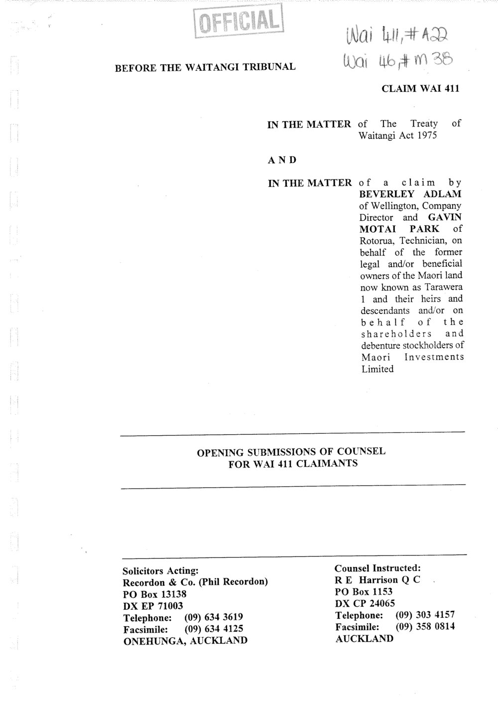 Wai 46_INQ_M038_Opening submissions of Counsel for Wai 411 Claimants