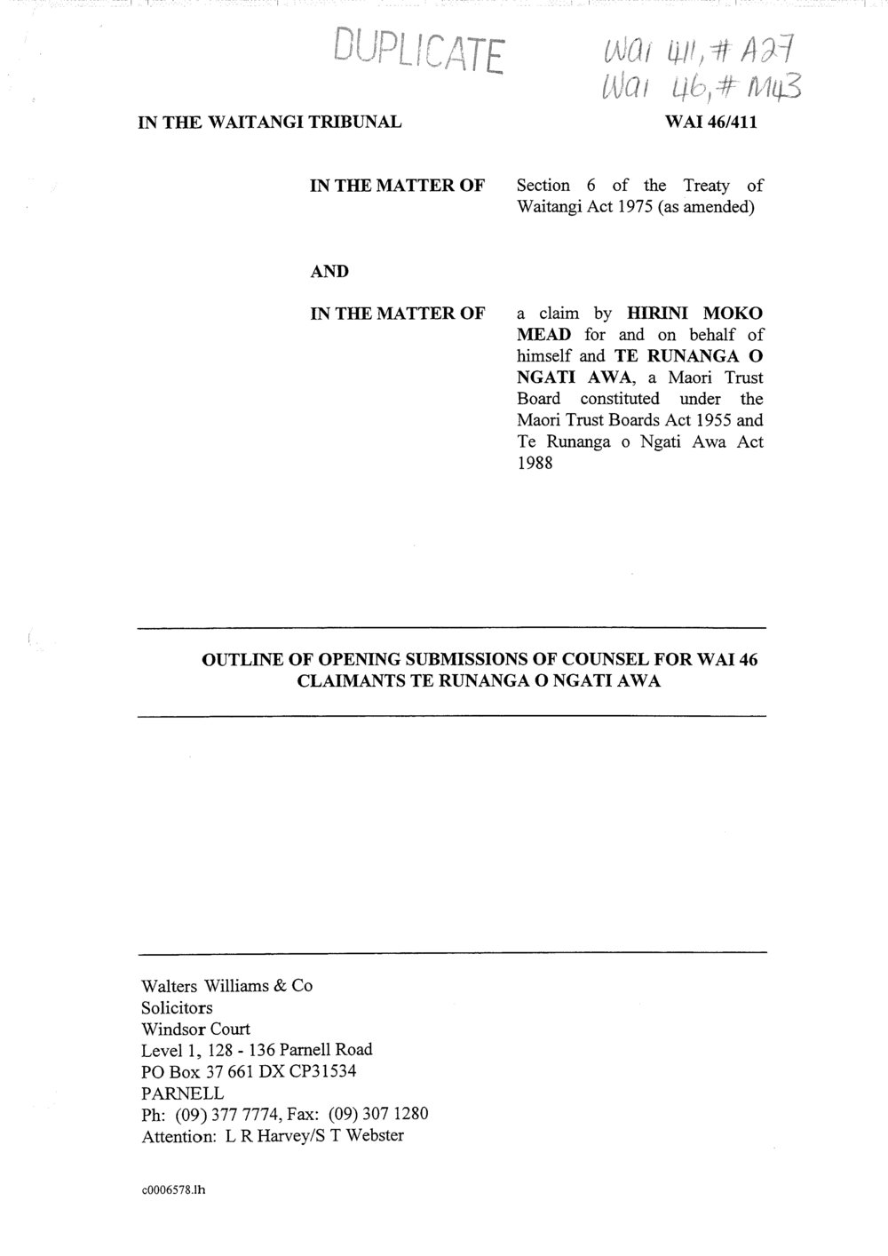 Wai 46_INQ_M043_Outline of Opening Submissions of Counsel for WAI 46 Claimants TRONA