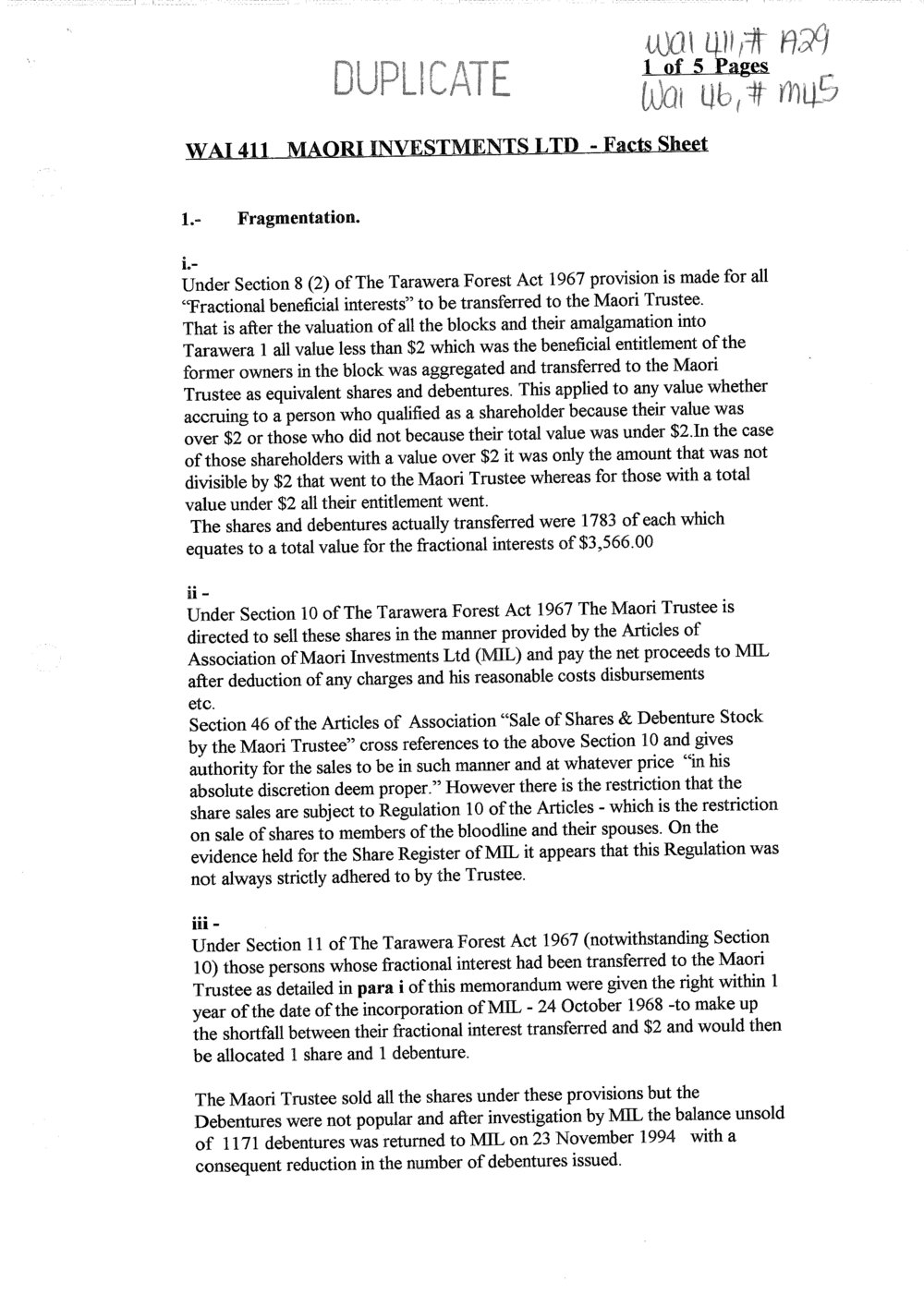 Wai 46_INQ_M045_Facts Sheet - Maori Investments LTD