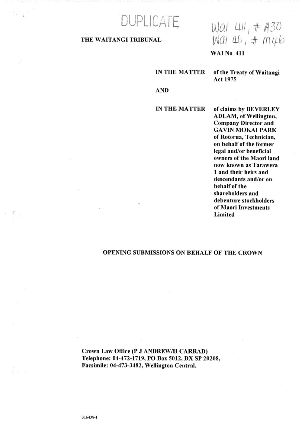 Wai 46_INQ_M046_Opening Submissions on behalf of The Crown
