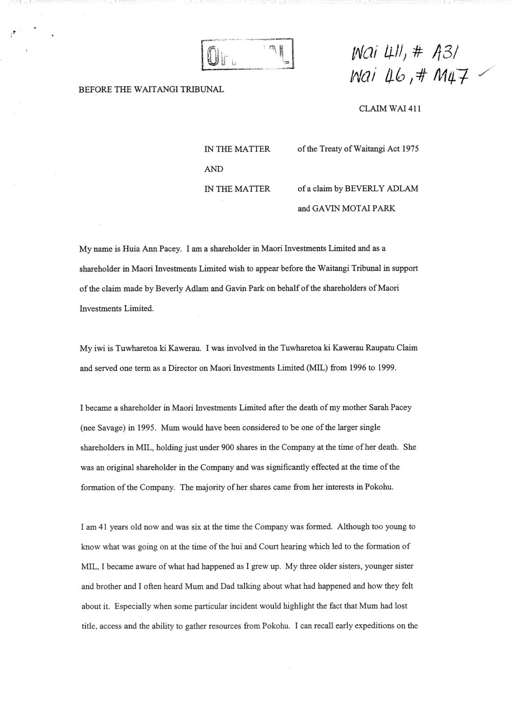 Wai 46_INQ_M047_Claim by Beverly &amp; Gavin Motai Park RE WAI 411