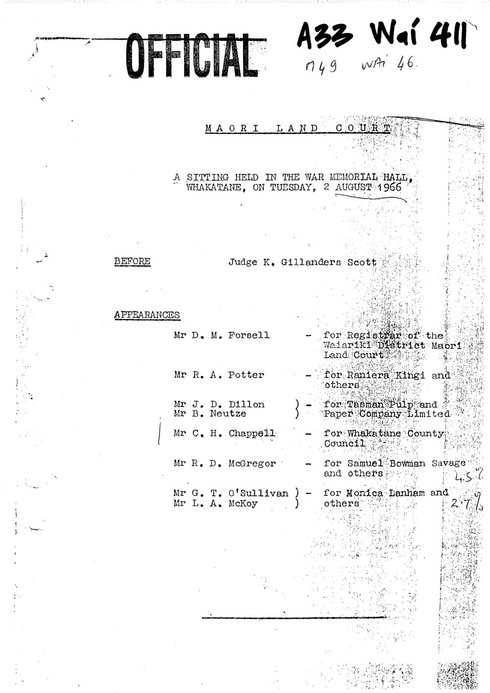 Wai 46_INQ_M049_Maori Land Court Document RE A Sitting held in The War Memorial Hall, Whakatane, 2 August, 1966