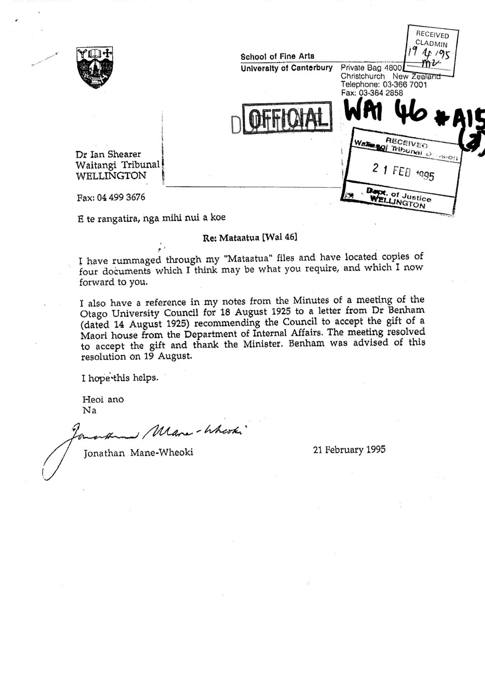 Wai 46_INQ_A015 (a)_Letter RE Mataatua Whare - 21 February 1995