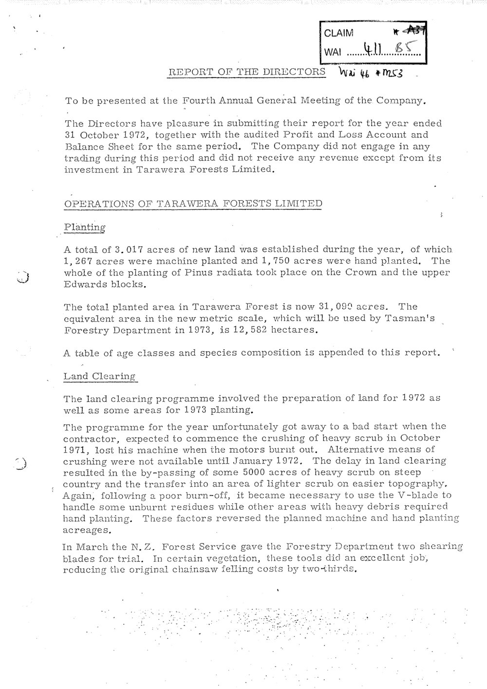 Wai 46_INQ_M053_Report of The Directors RE Operations of Tarawera Forests Limited