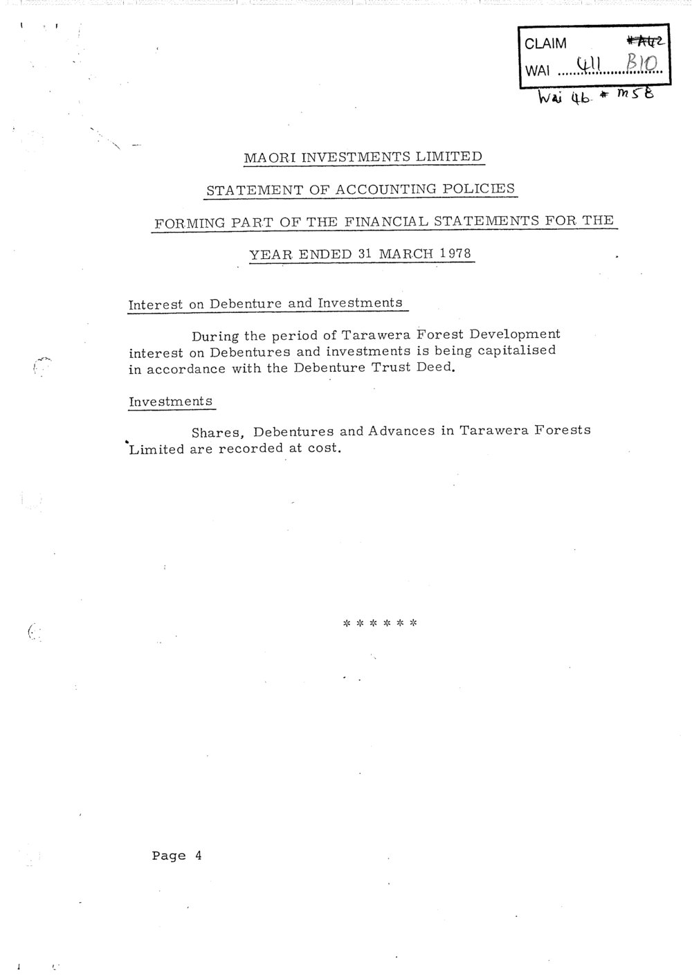 Wai 46_INQ_M058_Maori Investments Limited - Statement of Accounting Policies - 31 March 1987