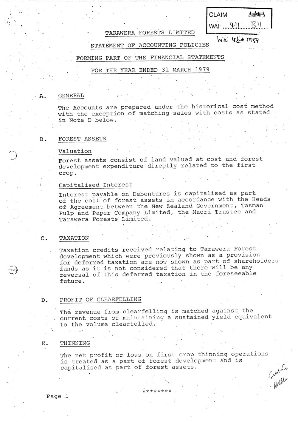 Wai 46_INQ_M059_Statement of accounting policies RE Tarawera Forests Limited - 31 March 1979