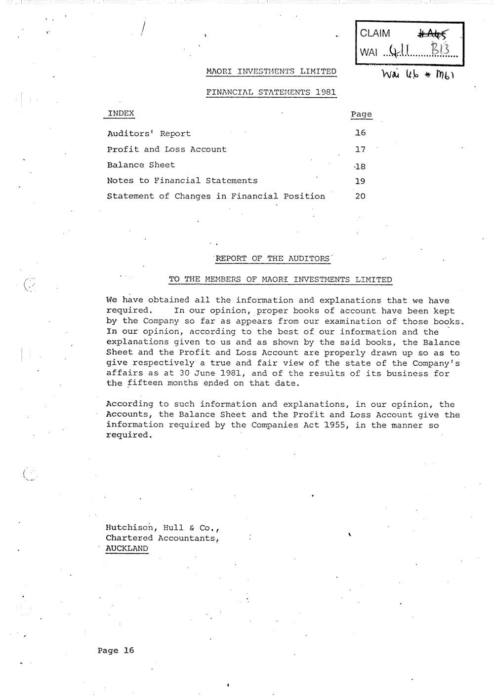 Wai 46_INQ_M061_Report of The Auditors to the members of Maori Investments Limited