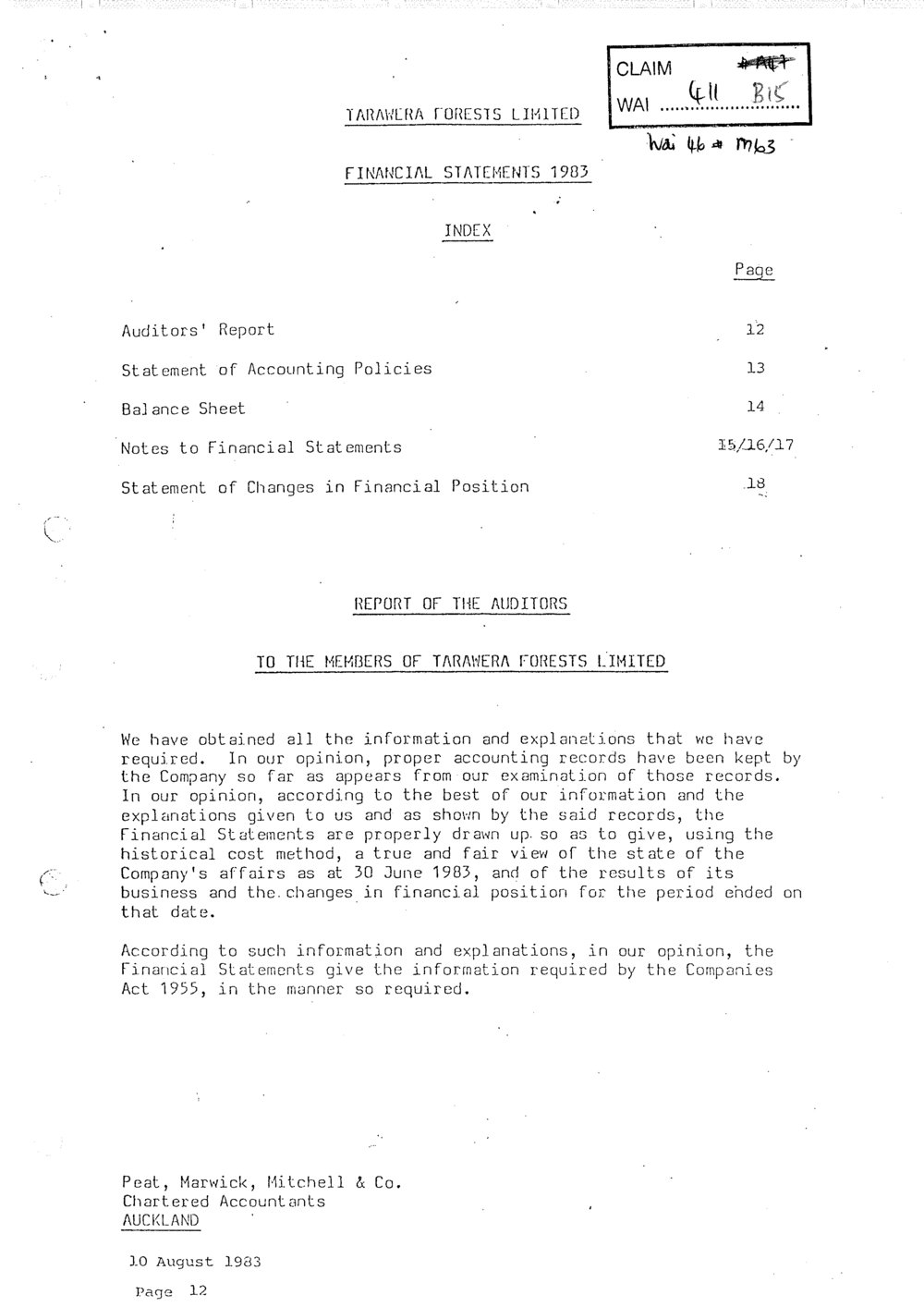 Wai 46_INQ_M063_Report of The Auditors - To The Members of Tarawera Forests Limited
