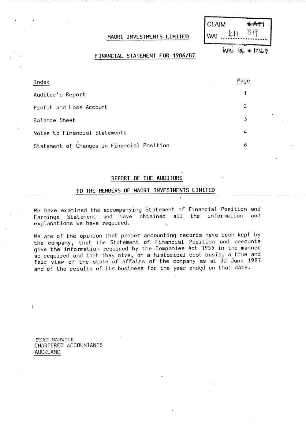 Wai 46_INQ_M067_Financial Statement Maori Investments - 1986 &amp; 1987