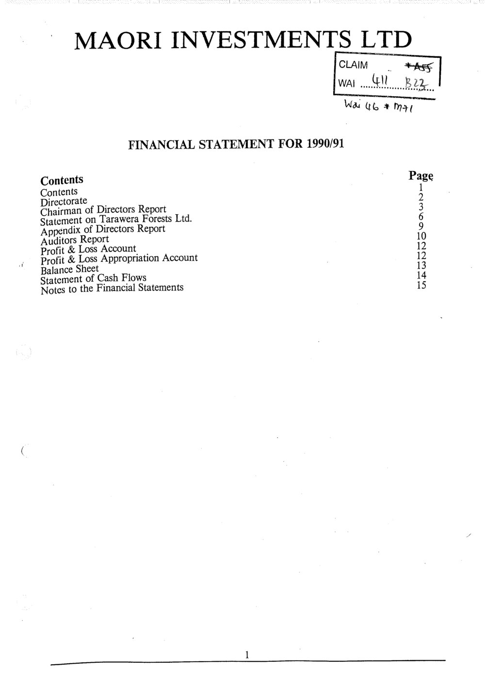 Wai 46_INQ_M071_Financial Statement for Maori Investments Ltd - 1990-1991