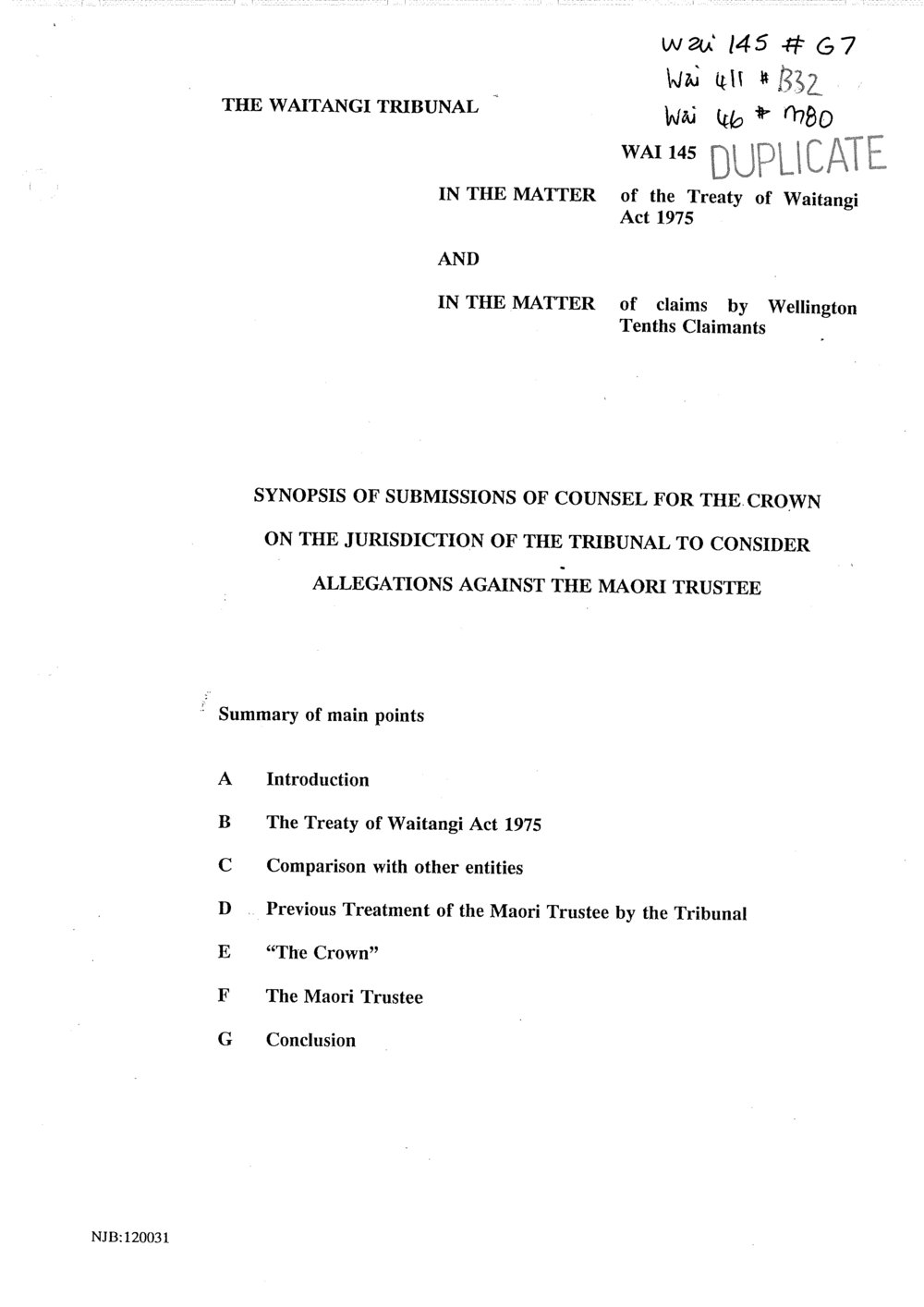 Wai 46_INQ_M080_Synopsis of Submissions of Counsel for The Crown on the jurisdiction of the tribunal to consider allegations against the Maori Trustee