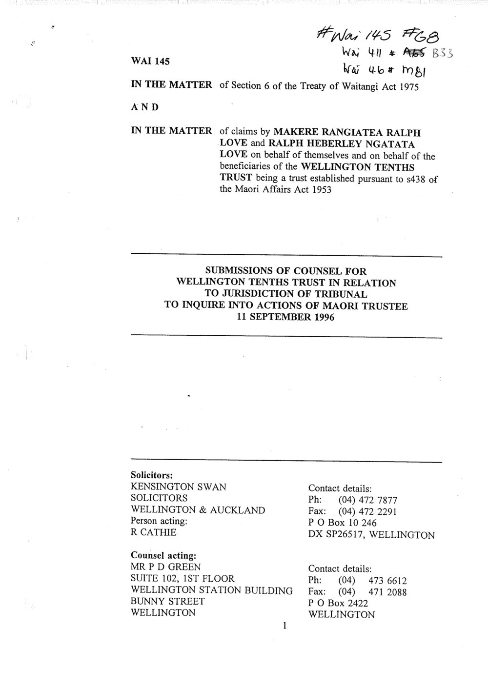 Wai 46_INQ_M081_Submissions of Counsel for Wellington Tenths Trust in Relation to Jurisdiction of Tribunal - 11 September 1996