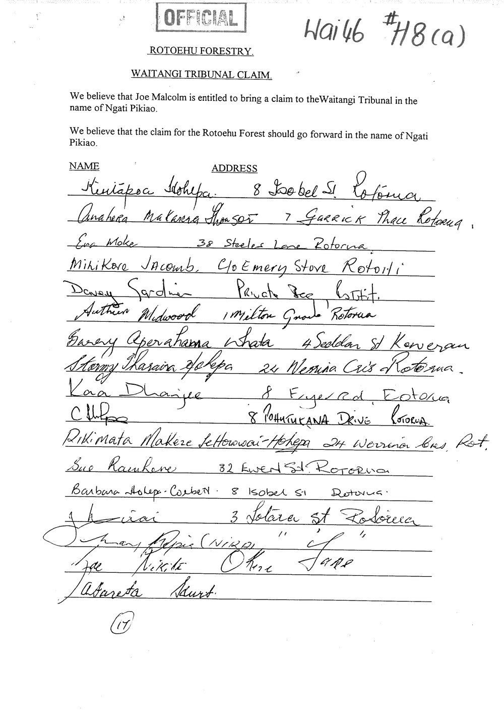 Wai 46_INQ_H008 (a)_Rotoehu Forest Waitaingi Tribunal Claim - Joe Malcolm