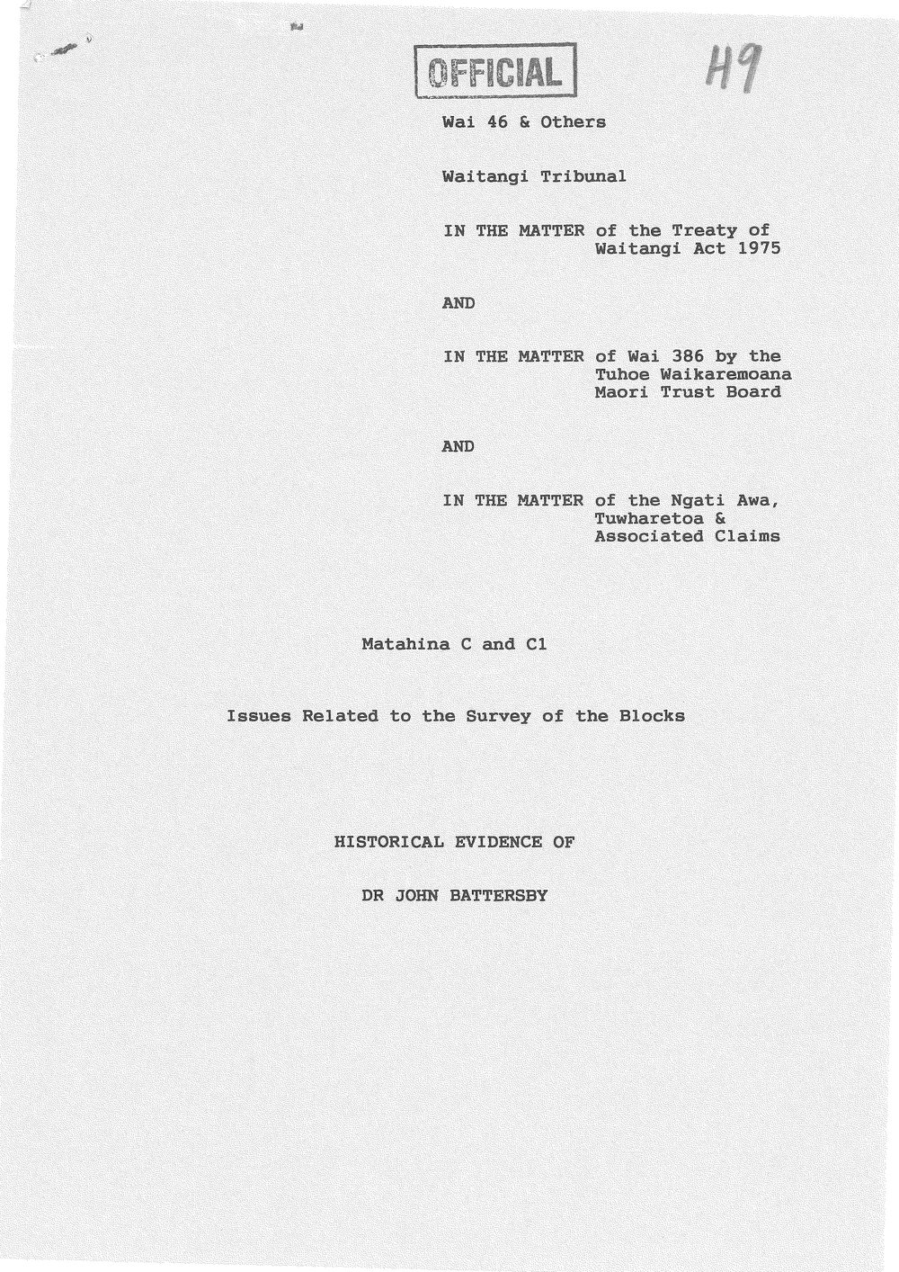 Wai 46_INQ_H009_Matahina C &amp; C1 - Issues related to survey