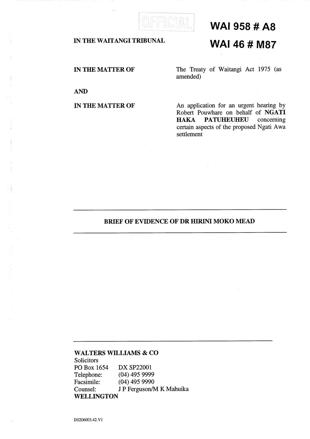 Wai 46_INQ_M087_Brief of Evidence of Dr Hirini Moko Mead