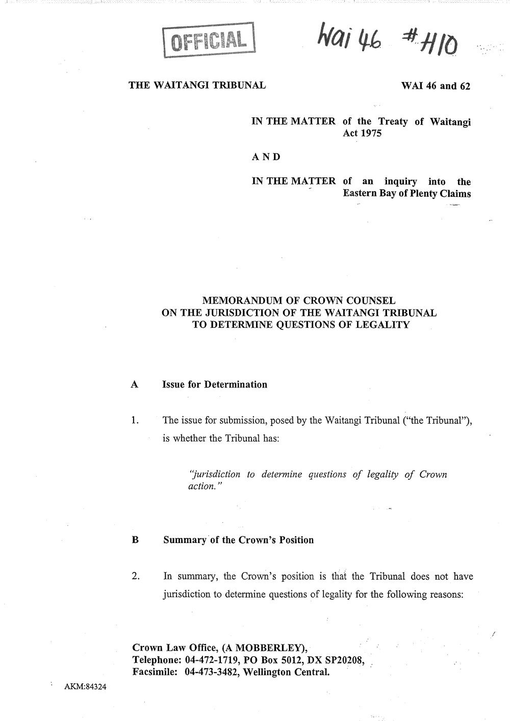 Wai 46_INQ_H010_Memo RE Jurisdiction Questions of Legality