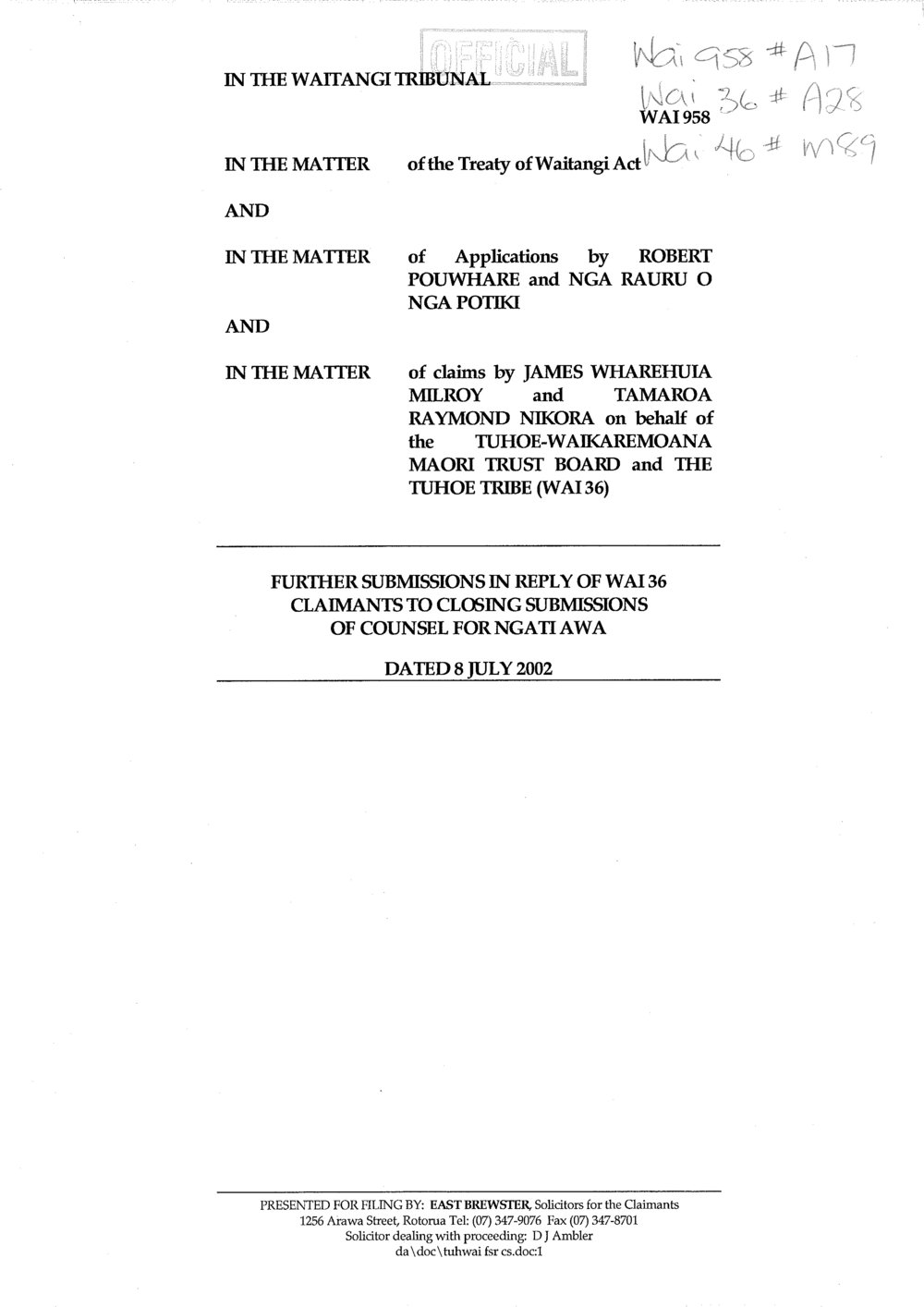 Wai 46_INQ_M089_Further Submissions in Reply to Wai 36 - 8 July 2002