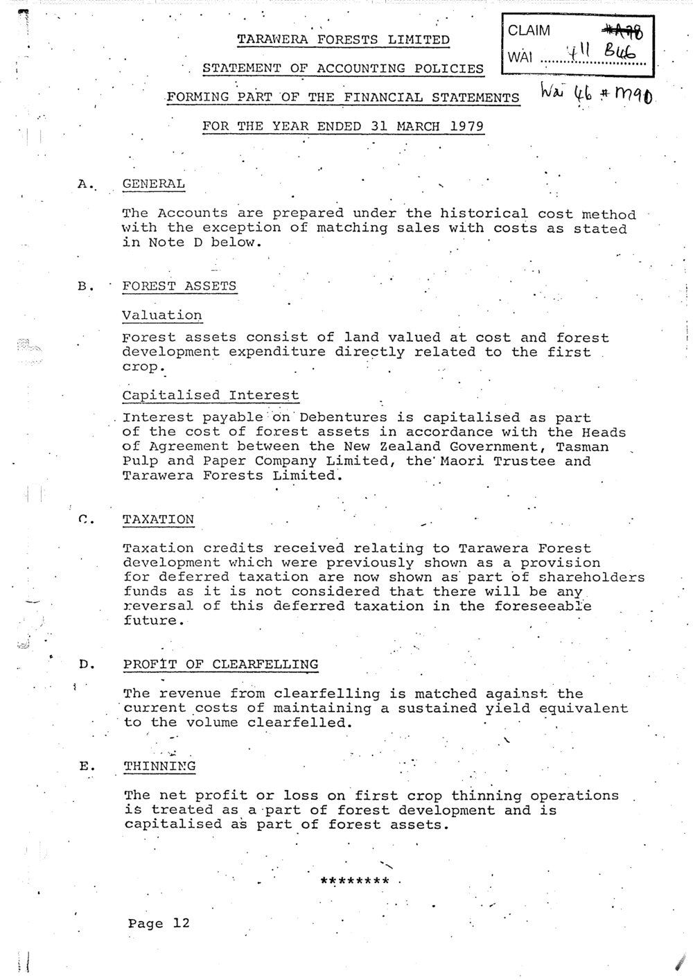 Wai 46_INQ_M090_Tarawera Forests Limited - Statement of Accounting Policies - 31 March 1979