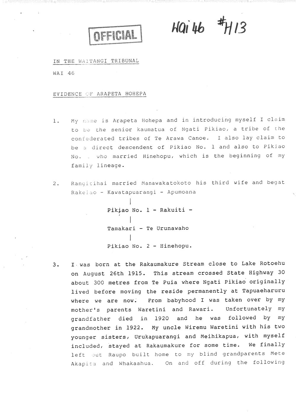 Wai 46_INQ_H013_Evidence of Arapeta Hohepa