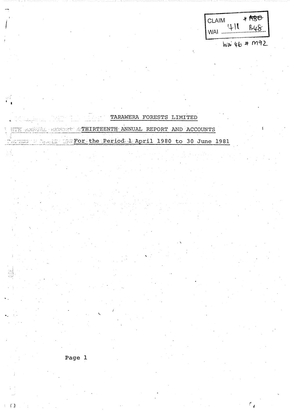 Wai 46_INQ_M092_Tarawera Forests Limited Thirteenth Annual Report and Accounts - 1 April 1980