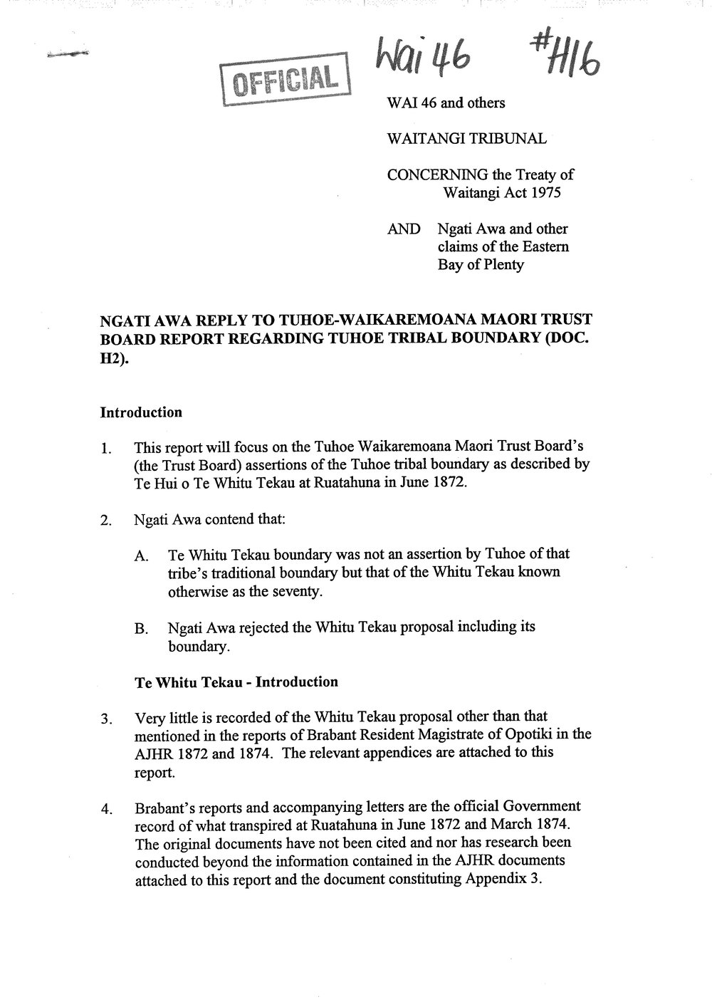 Wai 46_INQ_H016_Ngati Awa response to Tuhoe RE Tuhoe Boundary