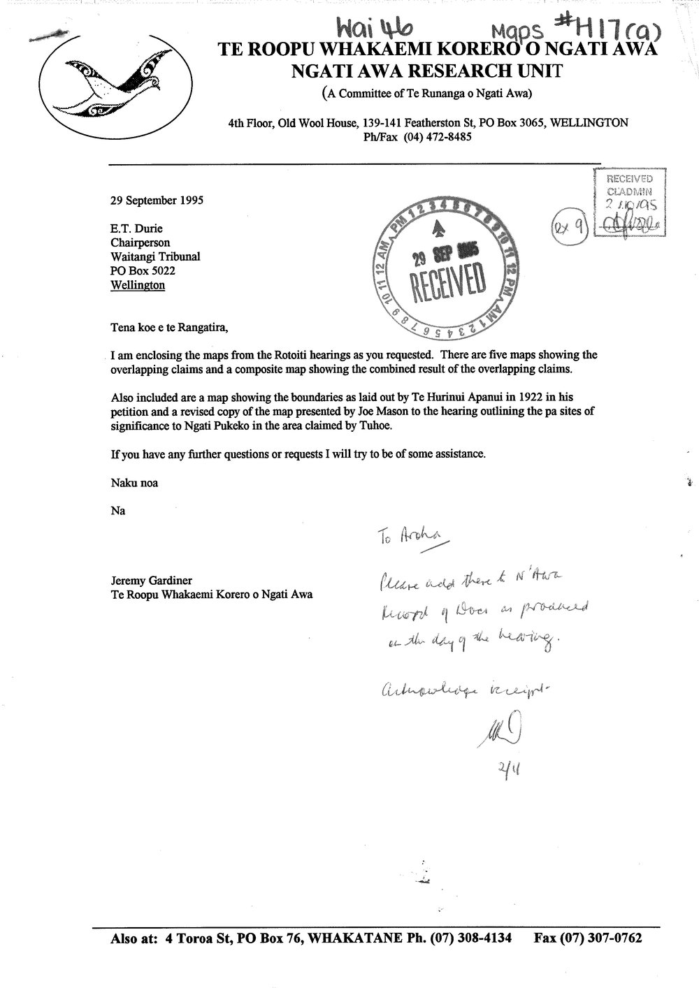 Wai 46_INQ_H017 (a)_Letter RE Overlapping Claims Maps - 29 September 1995