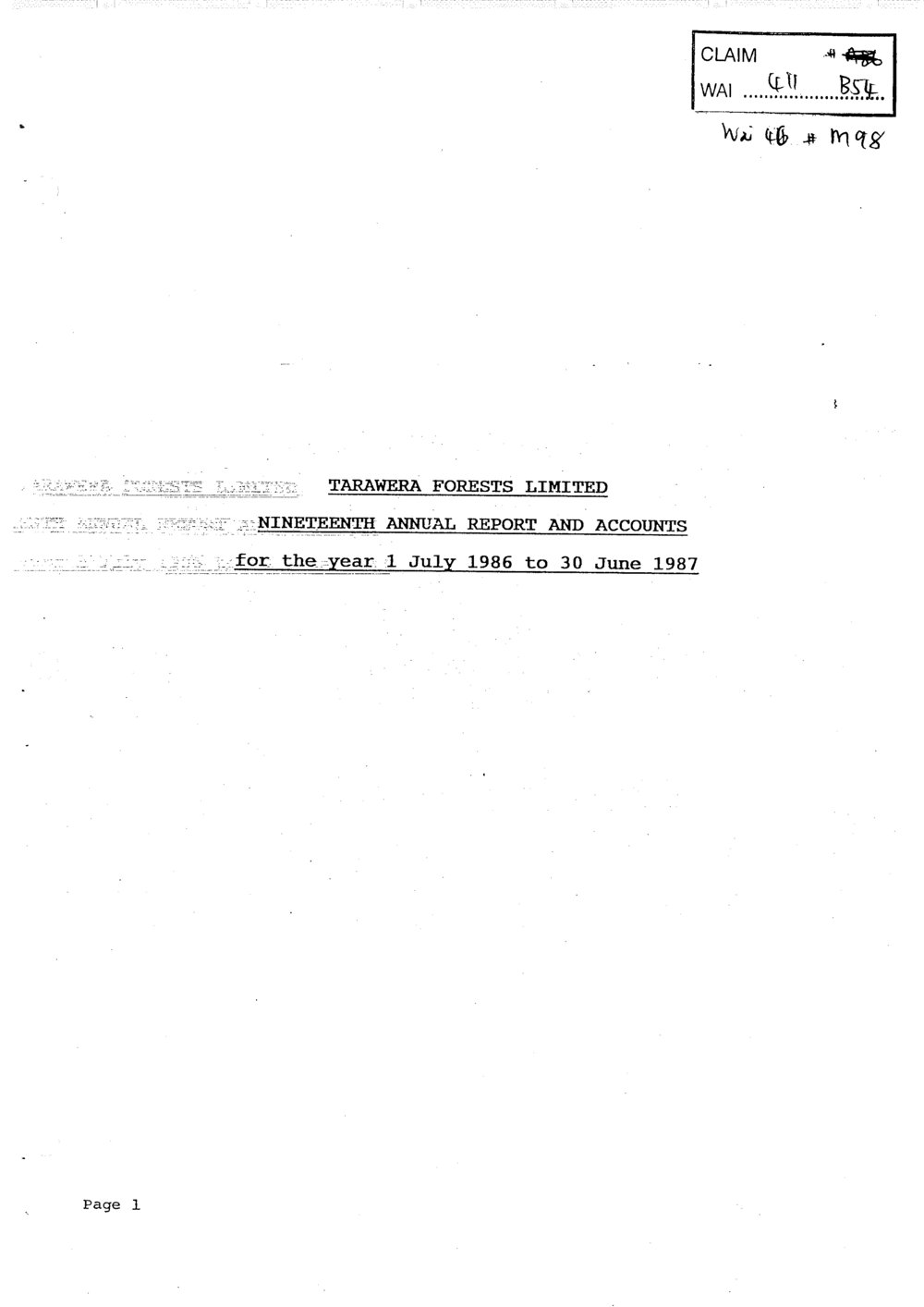 Wai 46_INQ_M098_Tarawera Forests Limited - Nineteenth Annual Report and Accounts