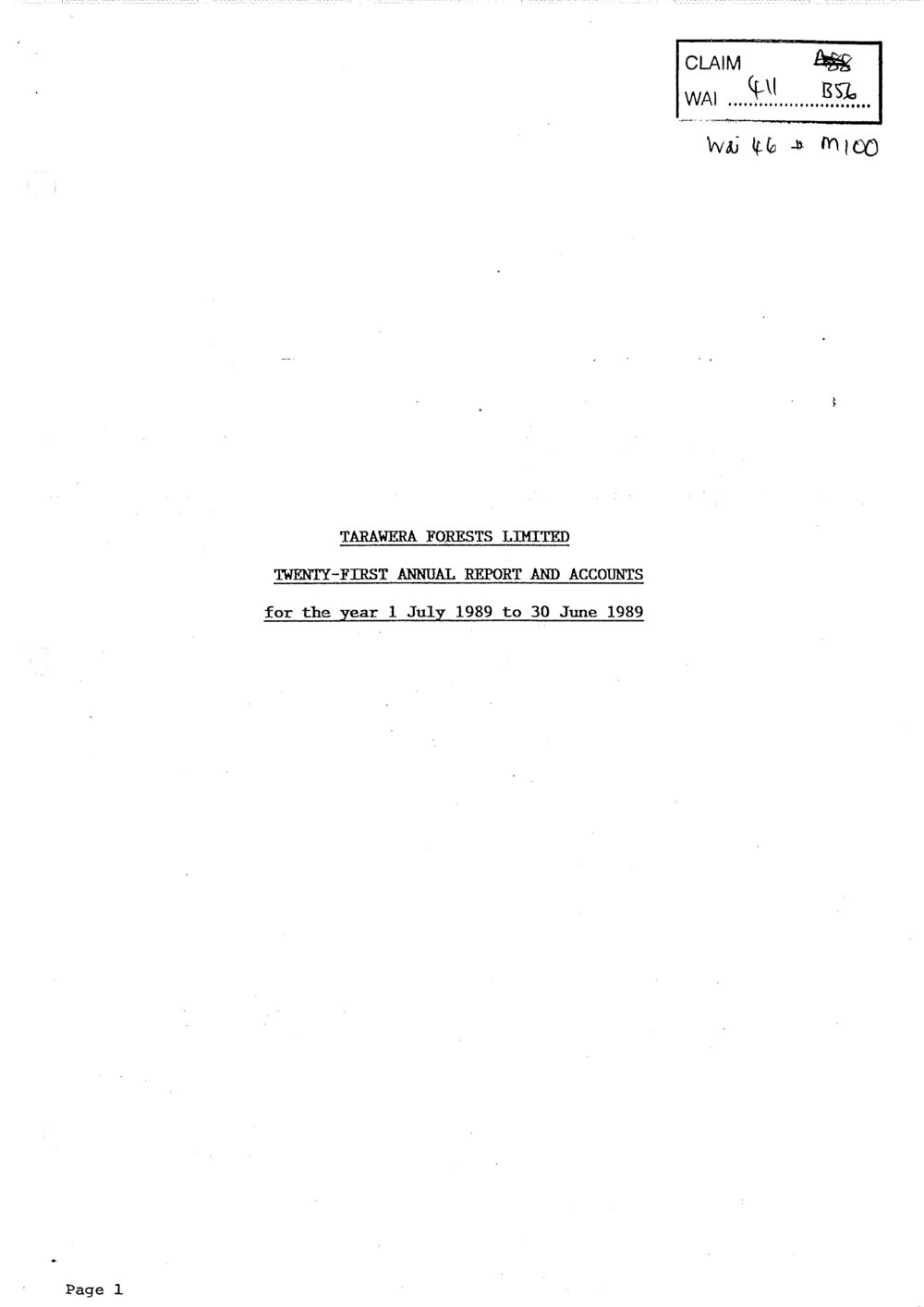 Wai 46_INQ_M100_Tarawera Forests Limited - Twenty-First Annual Report and Accounts for the year 1 July 1989 to 30 June 1989