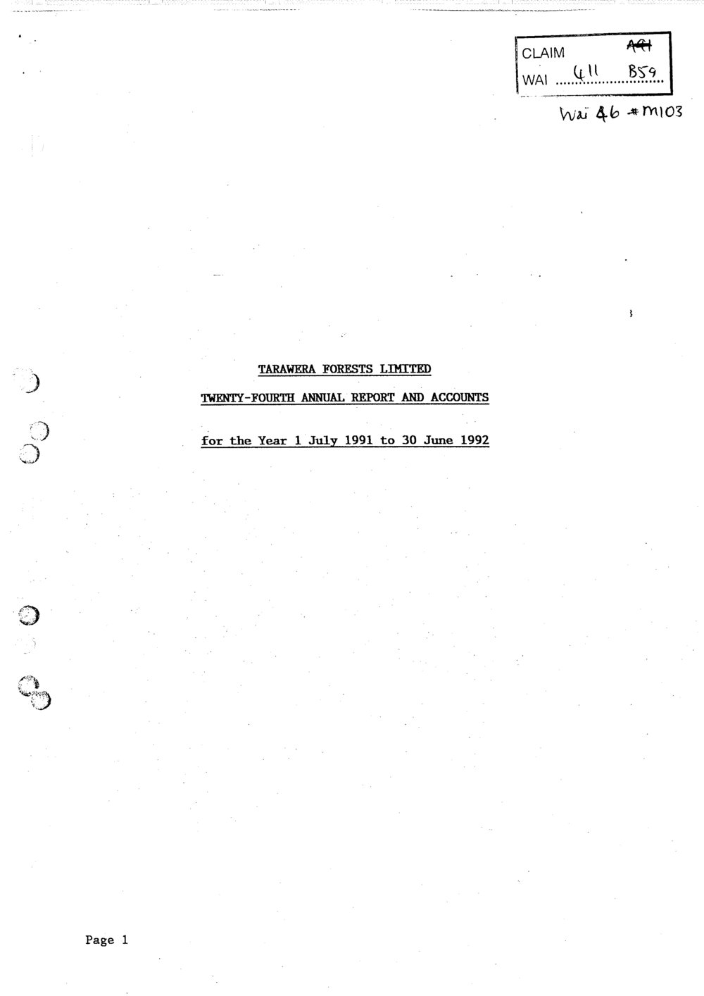 Wai 46_INQ_M103_Annual Report and Accounts RE Twenty-Fourth - Tarawera Forests Limited - 1 July 1992